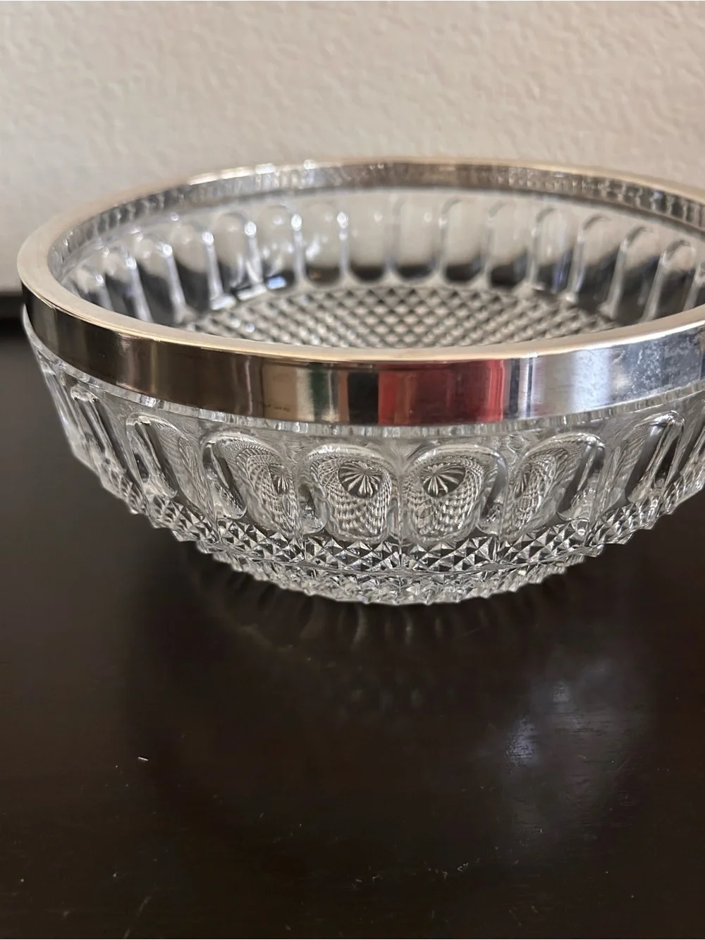 Vintage Teardrop and Diamond Point Pressed Glass Serving Bowl with Silver-Plated